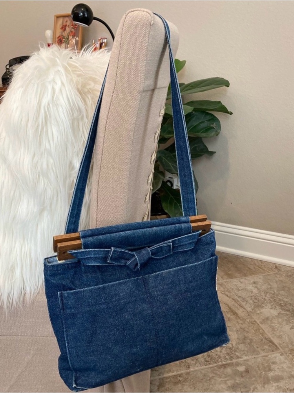 Vintage Boho Denim Wood Purse